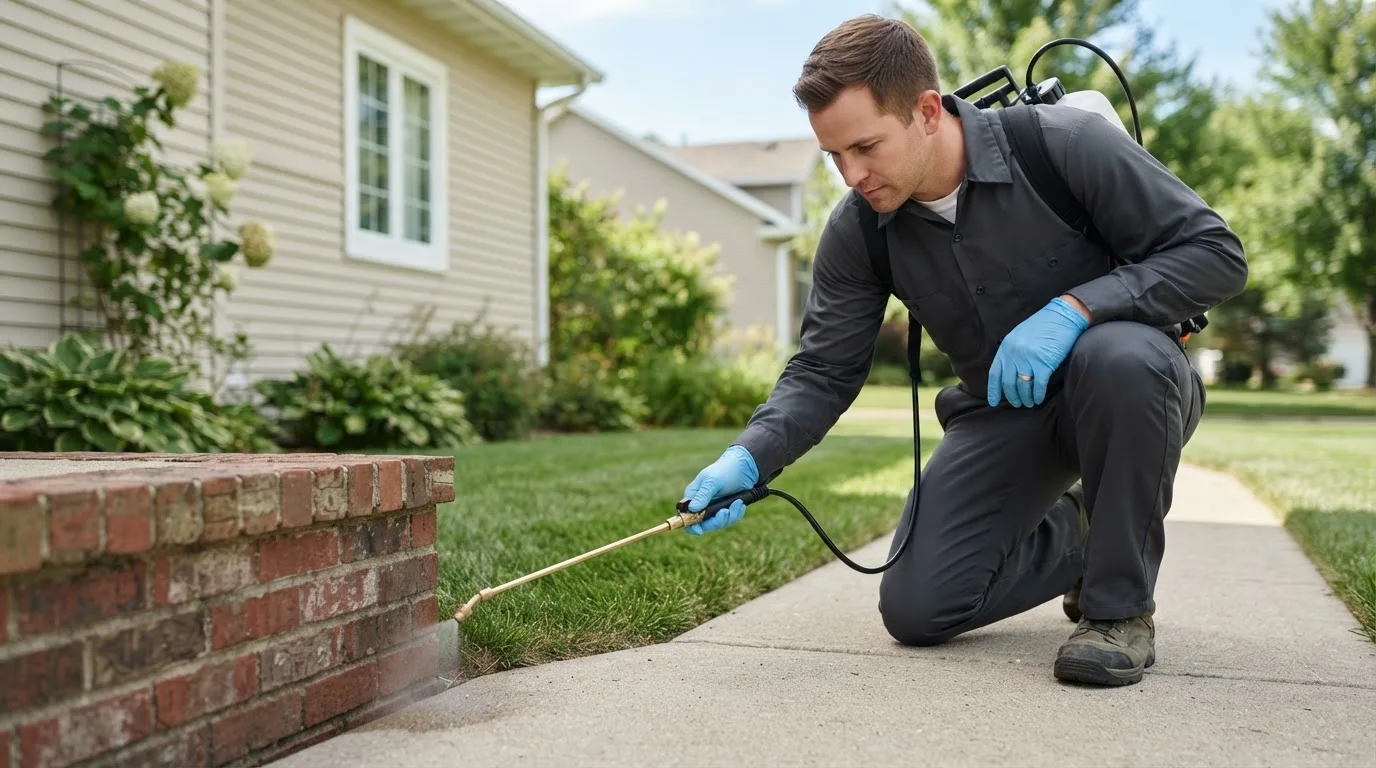 Pest control technician treating a home near Wapakoneta, OH