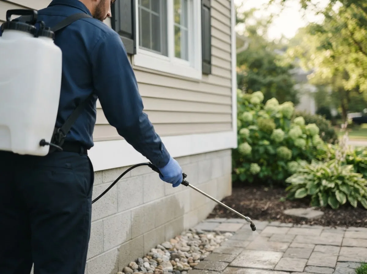 Pest control technician inspecting a home in Wapakoneta, OH